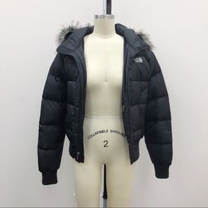 the north face goose down puffy jacket w fur trim.